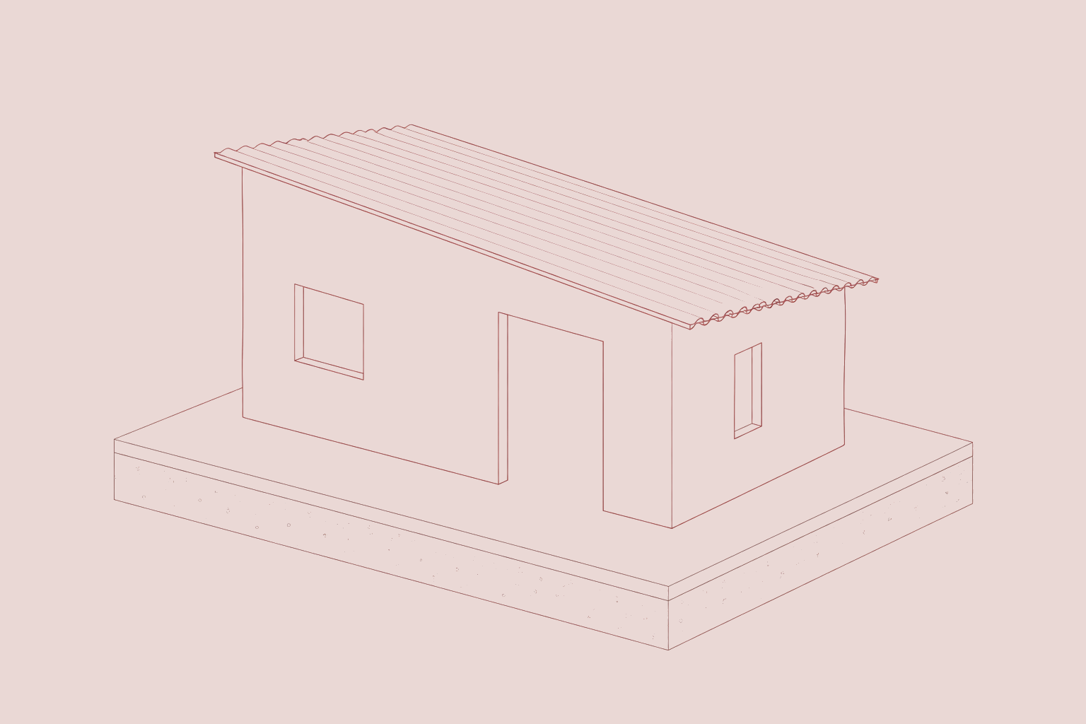 Red architectural line drawing of a corrugated roof house