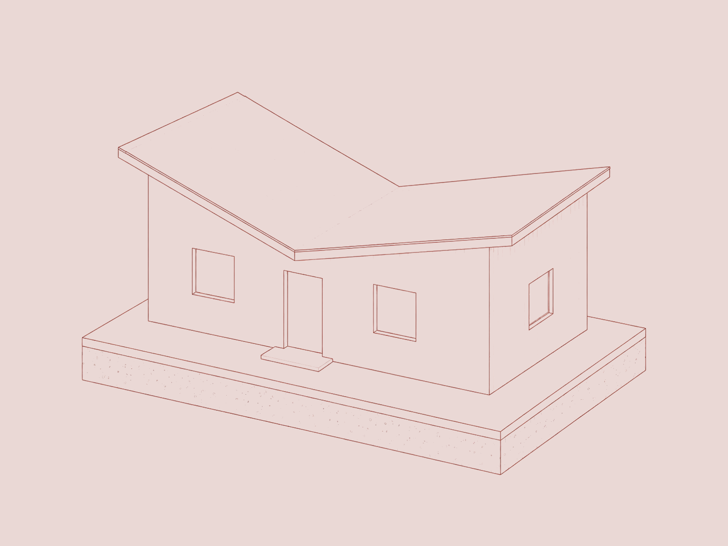 Red architectural line drawing of a gabled house