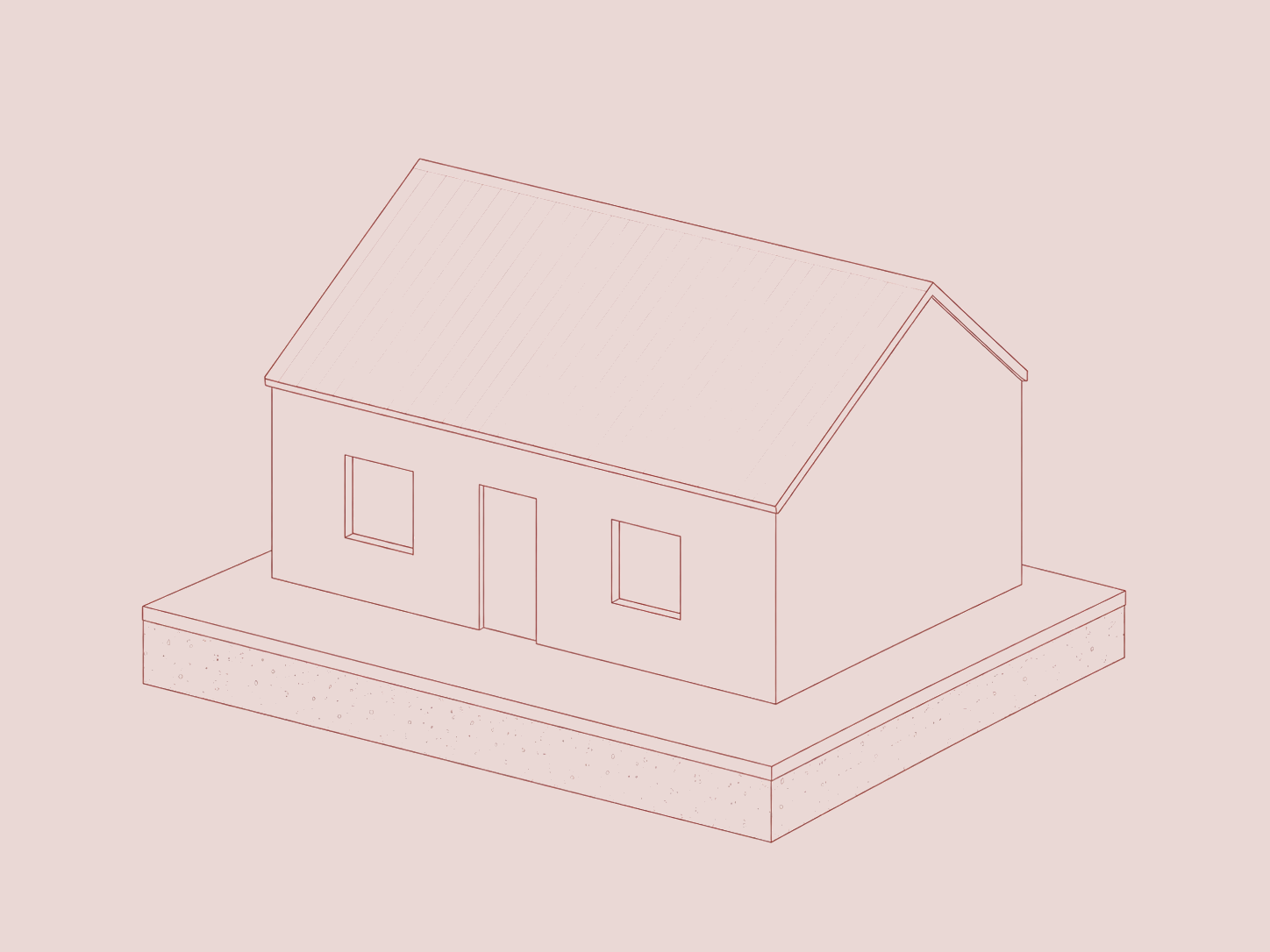 Red architectural line drawing of a gabled house