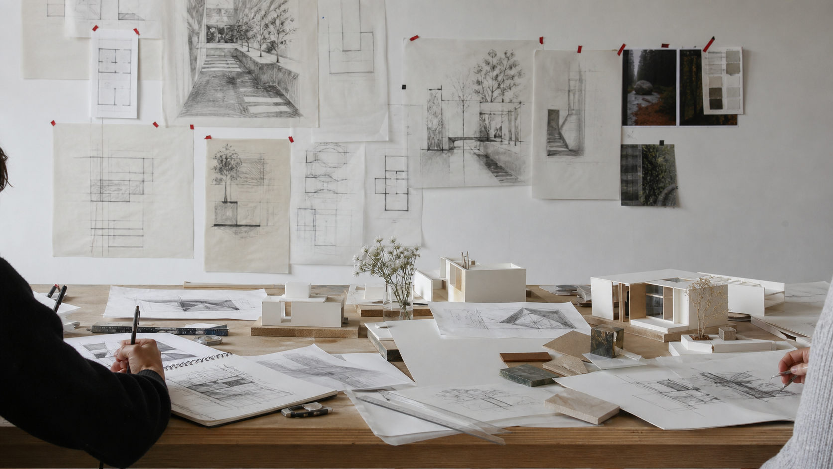 Architecture students reviewing drawings and portfolio work in a studio