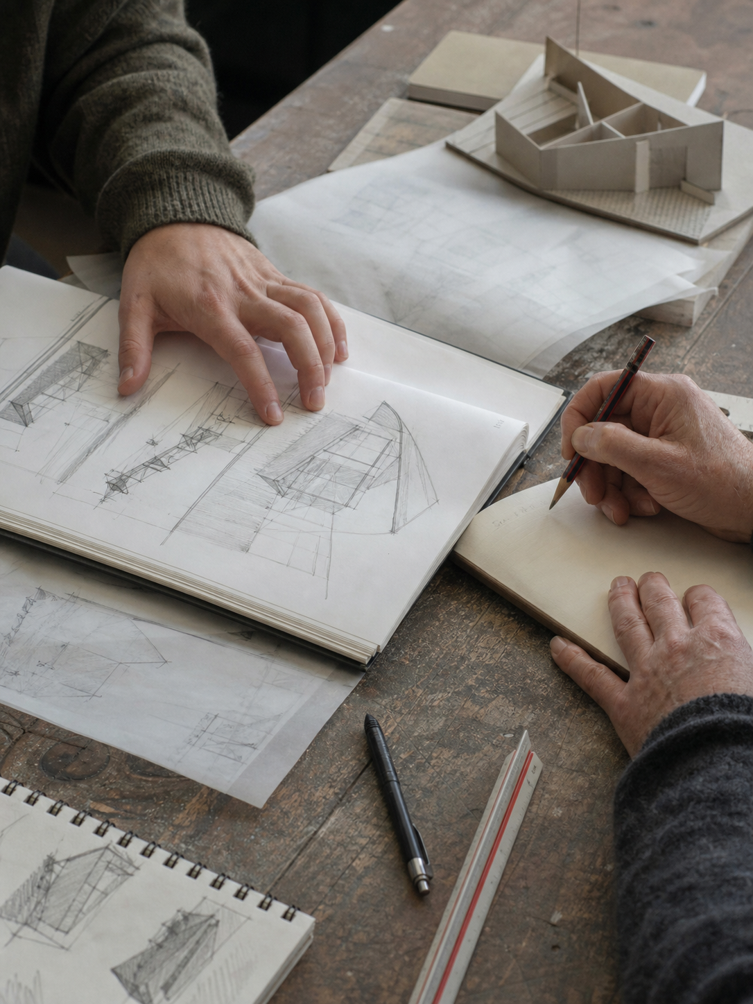 Tutor and architecture student reviewing portfolio drawings at a studio desk