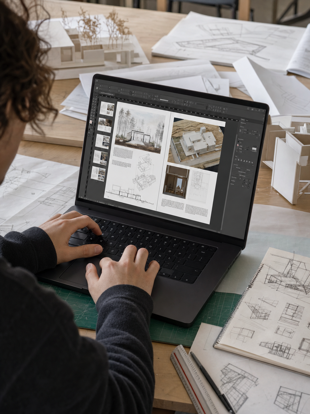 Student designing an architecture portfolio layout on a laptop in the studio