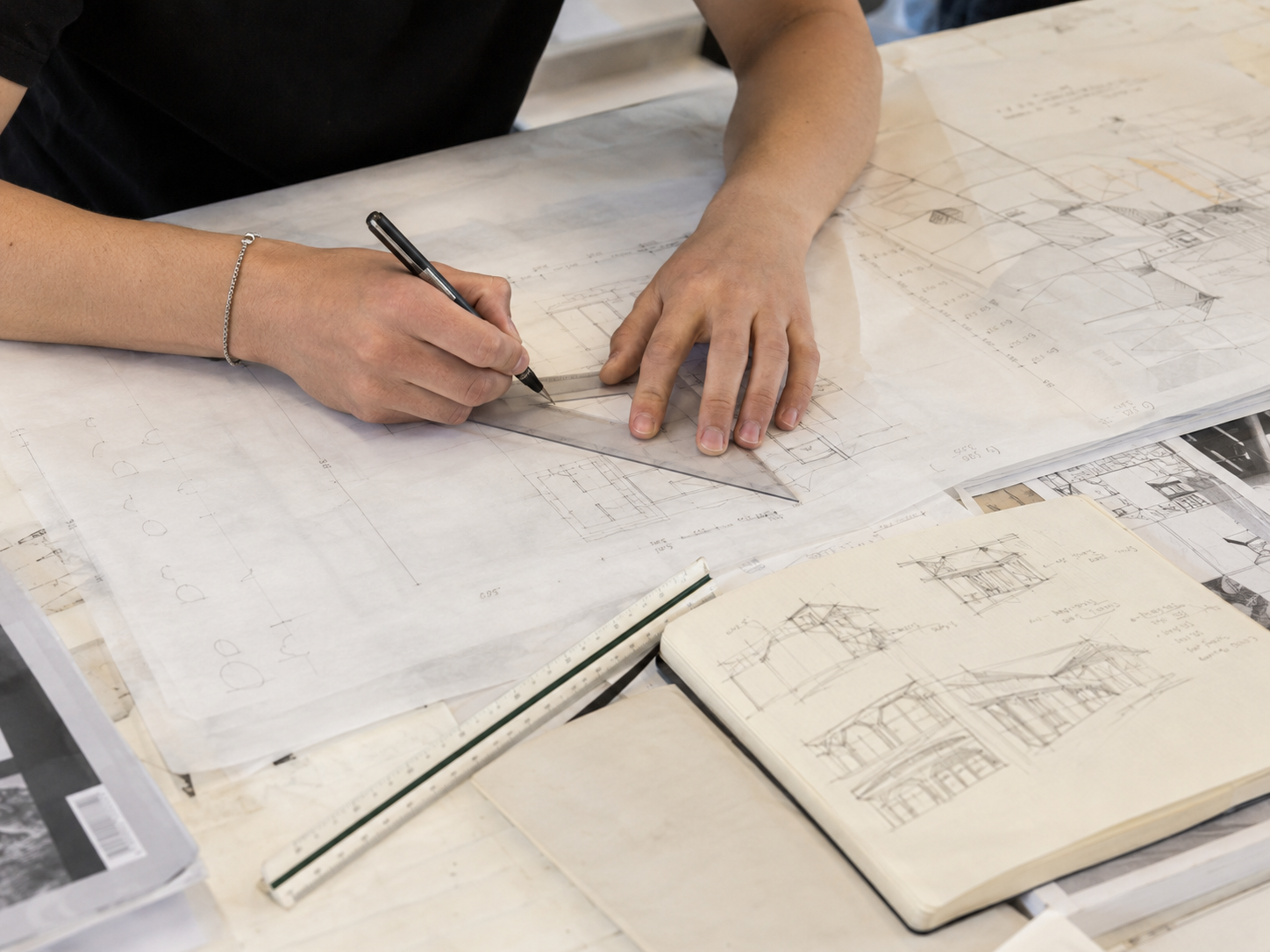 Architectural drawings and sketchbook on a studio desk