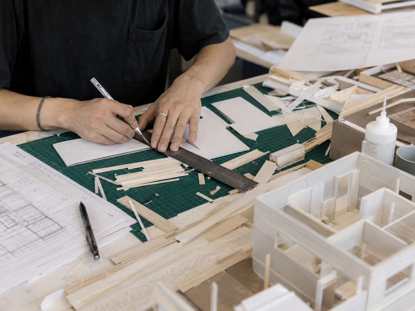 Architecture student cutting card for a physical model