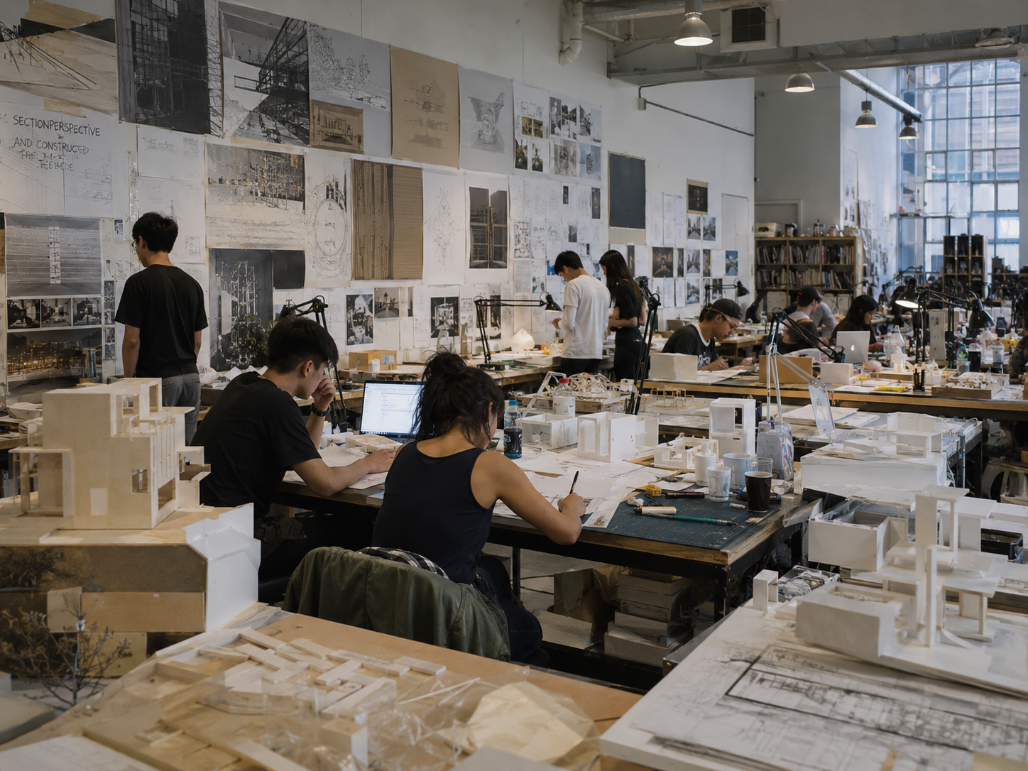 Architecture studio with drawings pinned to the wall and models on desks