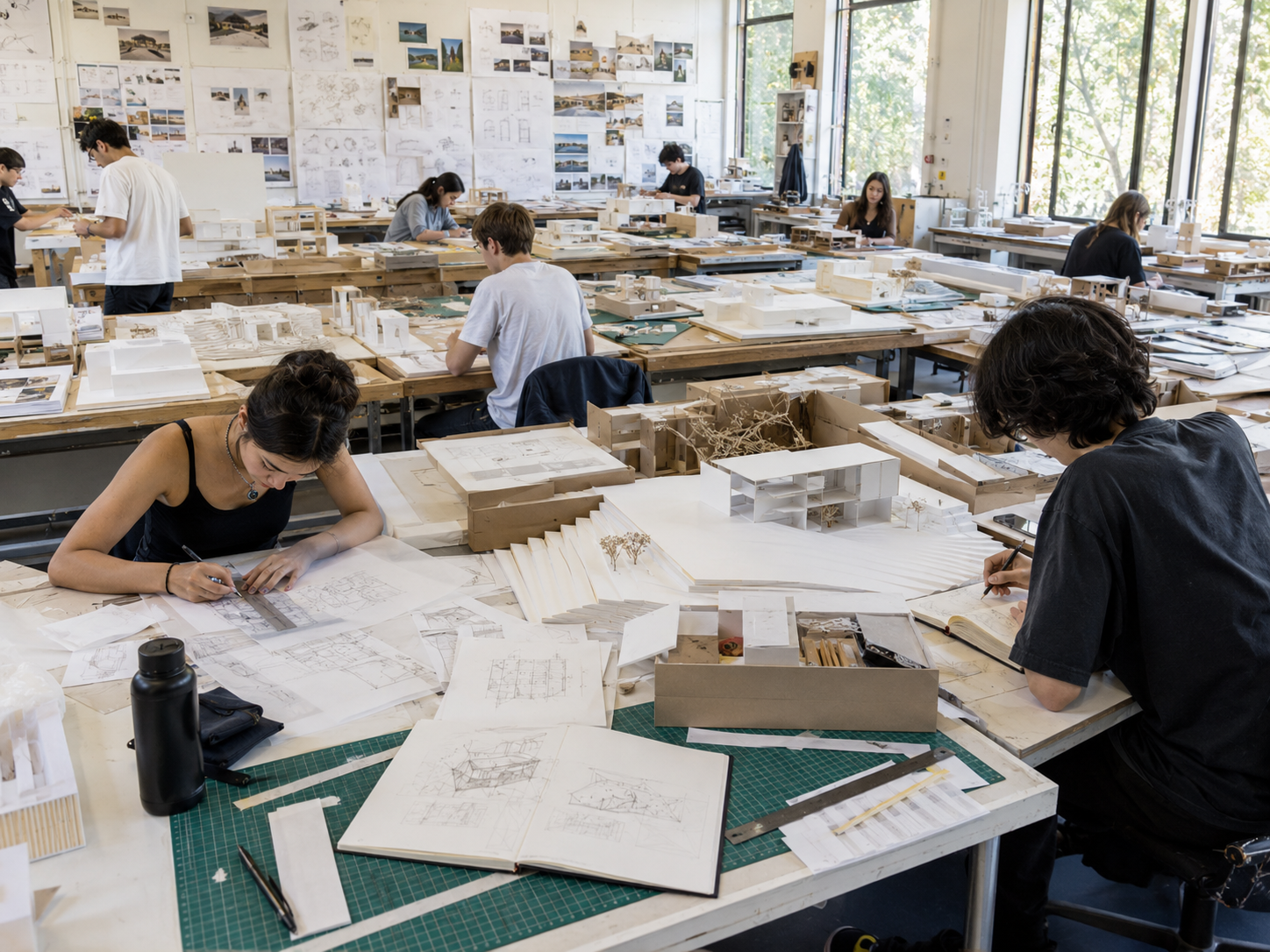 Architecture students working with physical models in a sunlit studio